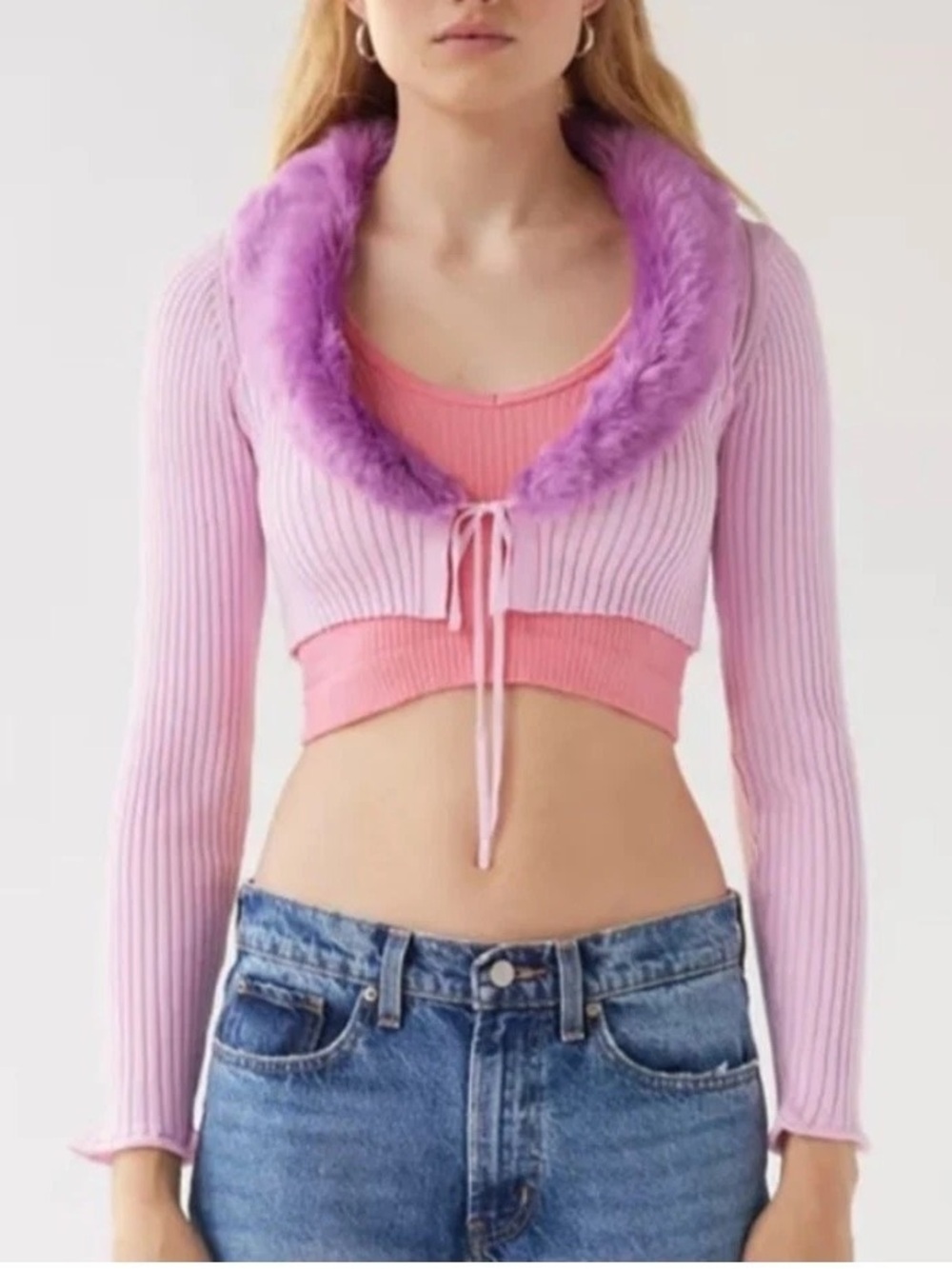 Urban Outfitters Izzy Faux Fur Cropped Tie Front Faux Fur Pink Cropped Sweater